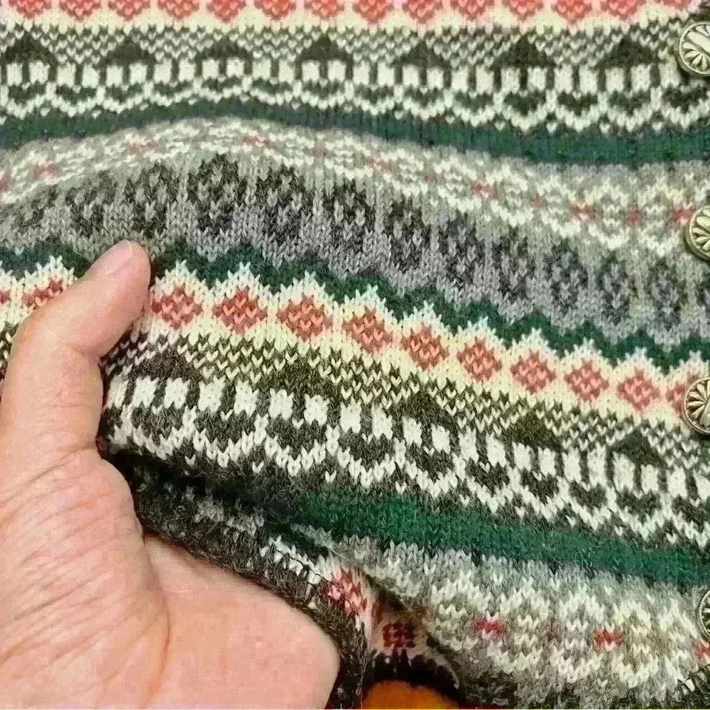 Vintage BohoOversized Green Multicolored Button V-neck  Sweater Vest - Picture 7 of 13